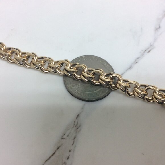 14K Yellow Real Solid Gold 8.00mm double Circle Curb Link Charm Bracelet 7 1/2'' - Picture 2 of 8